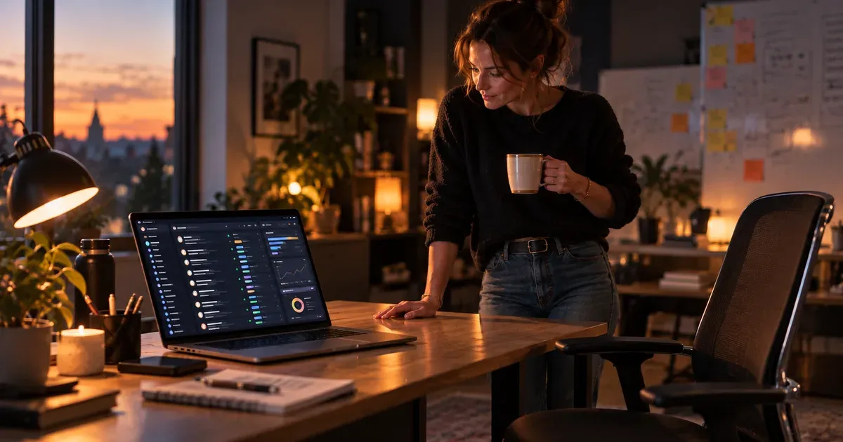 Une femme debout, tasse à la main, observe un ordinateur portable qui affiche une interface de messagerie active. La chaise devant le bureau est vide.