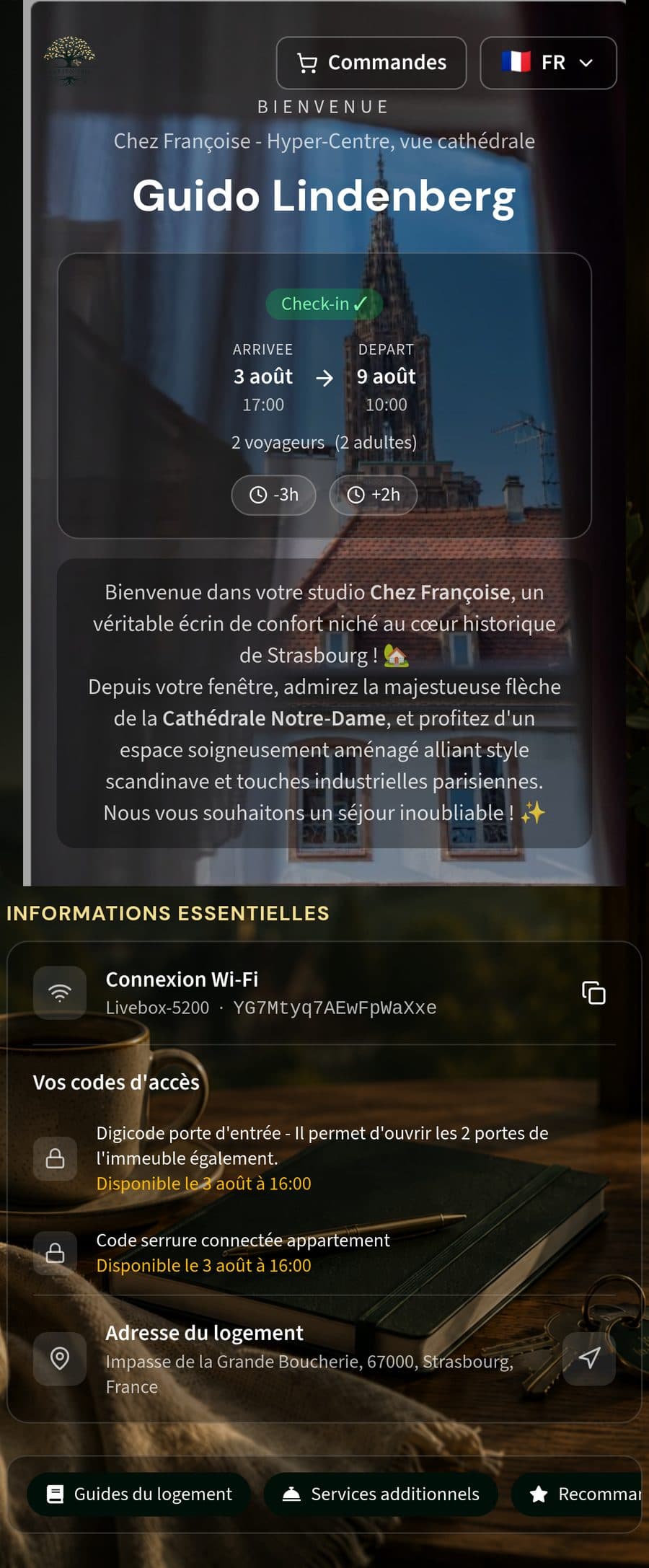 Guest App Mr Sherlock : codes d’accès encore masqués avec la mention « disponible le jour de l’arrivée ».
