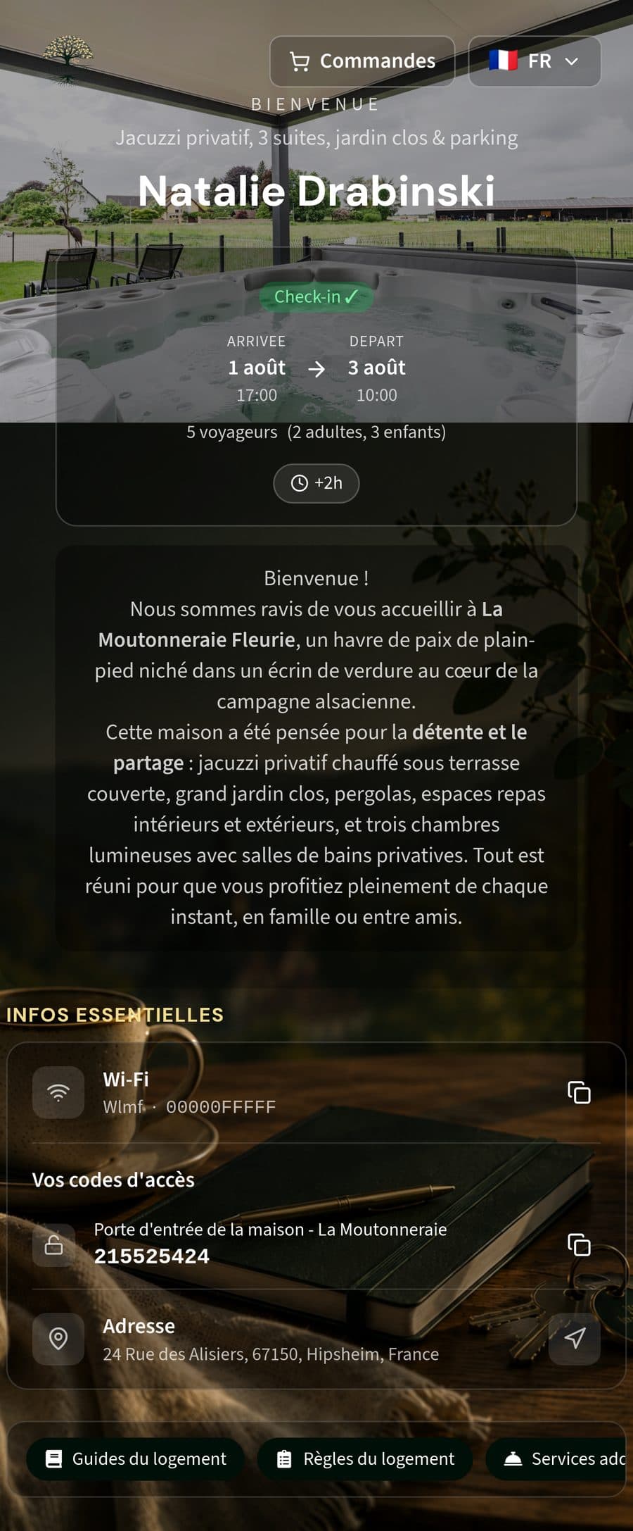 Guest App Mr Sherlock : codes d’accès révélés (digicode immeuble et code de serrure connectée) une fois le check-in validé.