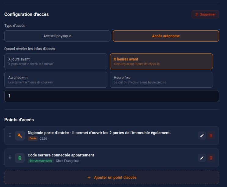 Interface de configuration des accès Mr Sherlock : type d’accès, moment de révélation des codes et liste ordonnée des points d’accès.