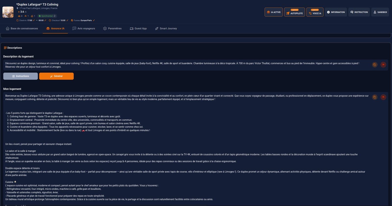 Onglet Annonce IA de Mr Sherlock : description courte du logement et description longue « Mon logement » en storytelling.