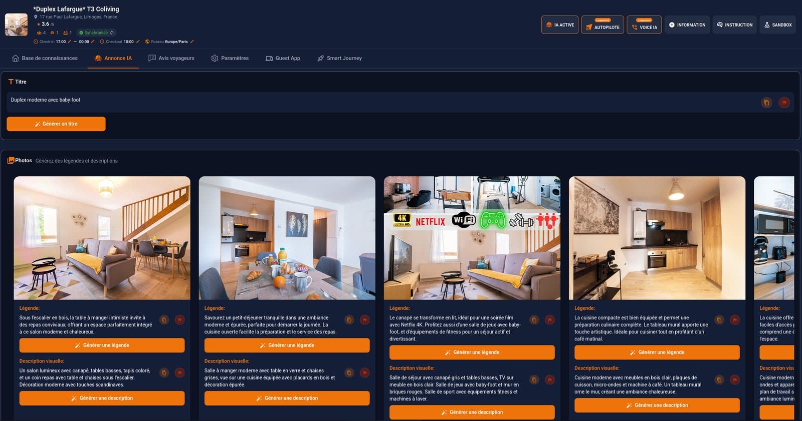 Onglet Annonce IA de Mr Sherlock : génération du titre du logement et légendes/descriptions visuelles de chaque photo.