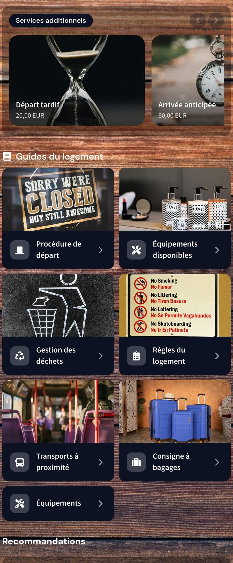 Guest App Mr Sherlock : section « Services additionnels » avec Départ tardif et Arrivée anticipée présentés en cartes illustrées.