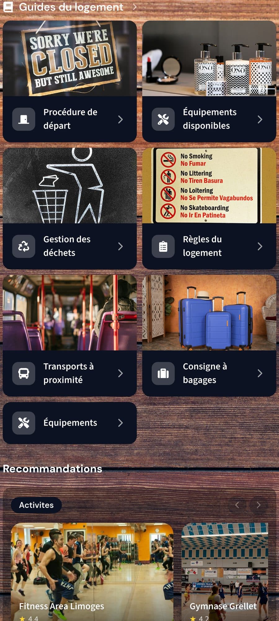 Écran d’accueil de la Guest App Mr Sherlock : message de bienvenue, dates du séjour, encart caution et informations essentielles.