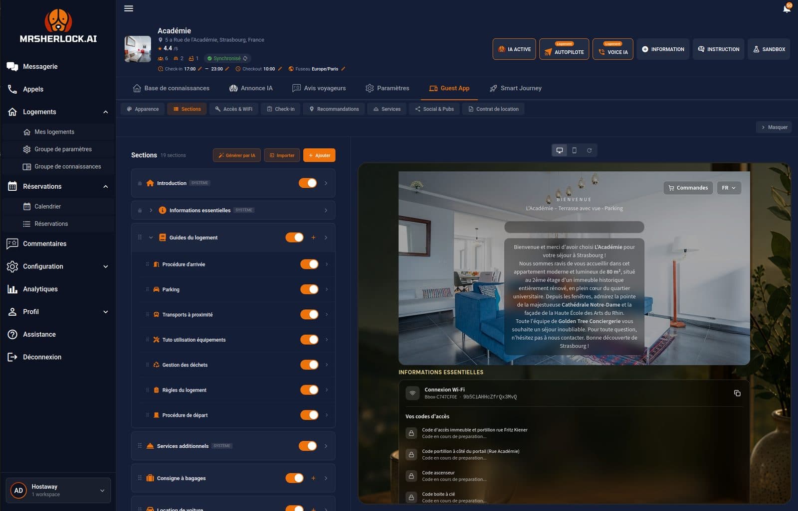 Interface d’administration de la Guest App Mr Sherlock : liste des sections activables et aperçu en direct du livret d’accueil.