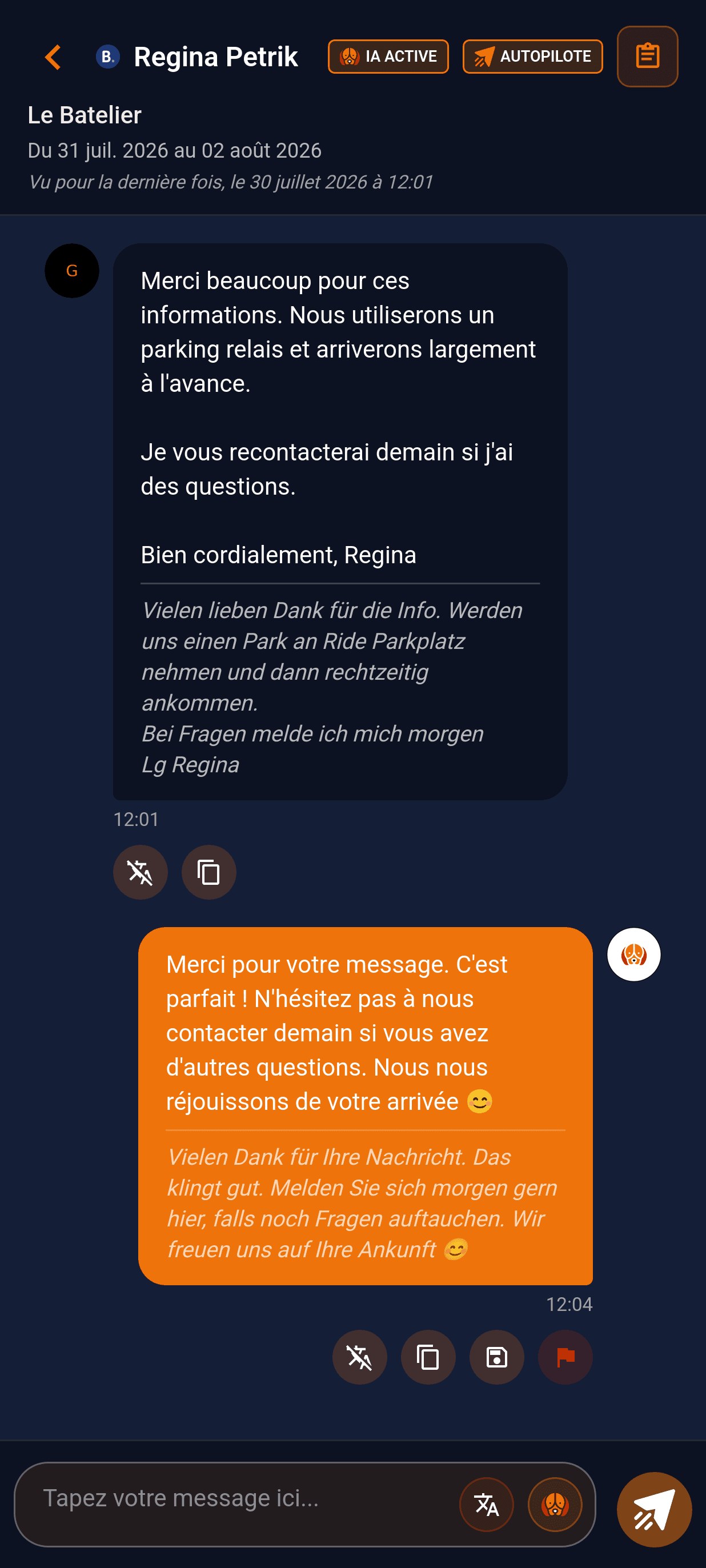 Application mobile Mr Sherlock affichant une conversation voyageur avec les badges IA Active et Autopilote.